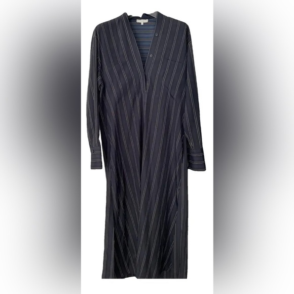Vince Navy & Brown Oversized 100% Silk Striped Long Sleeve Shift Shirt Dress; XS - Picture 1 of 8